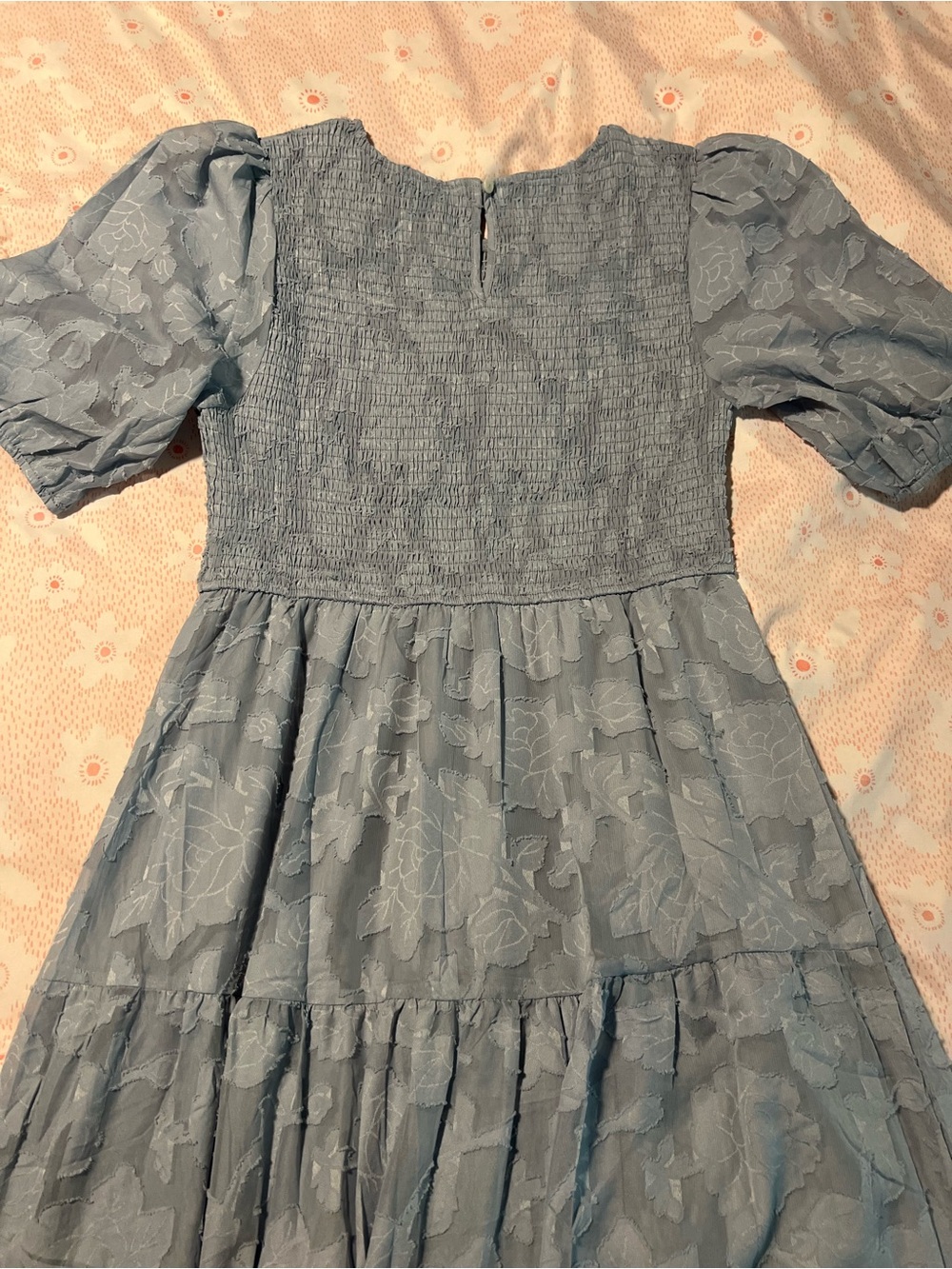NWT MEROKEETY Lt Blue Floral Textured Tiered Midi Dress Short Sleeve Smocked LG - Picture 12 of 12